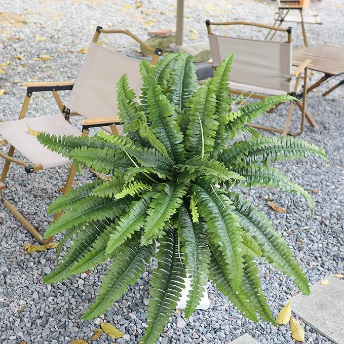 Artificial Ferns for Outdoors & Indoors, 45in Large Fake Ferns Plants with 55 Fronds & Fiddlehead - 2 Stems Looks Real Faux Fern Greenery for Porch Garden Home Office Decor
