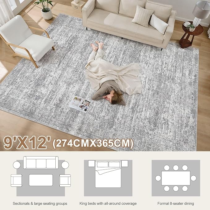 DMOYEST Area Rug Living Room Rugs - 9x12 Abstract Large Soft Indoor Washable Rug Neutral Modern Low Pile Carpet for Bedroom Dining Room Farmhouse Home Office - Vintage Grey