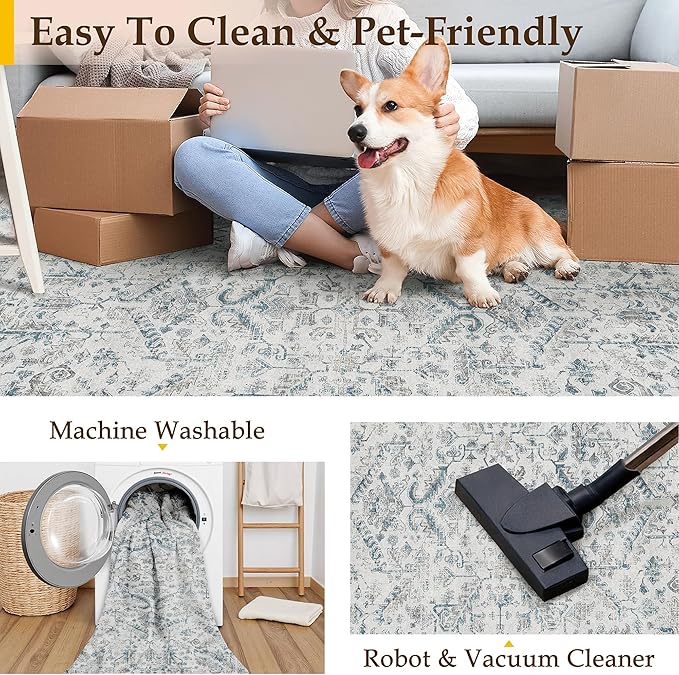 PureCozy Blue 2x3 Entryway Rug Vintage Area Carpet Indoor Kitchen Washable Door Mat Entrance Small Low Pile Traditional Distressed Retro Accent Throw Rug Non Slip Office Bathroom