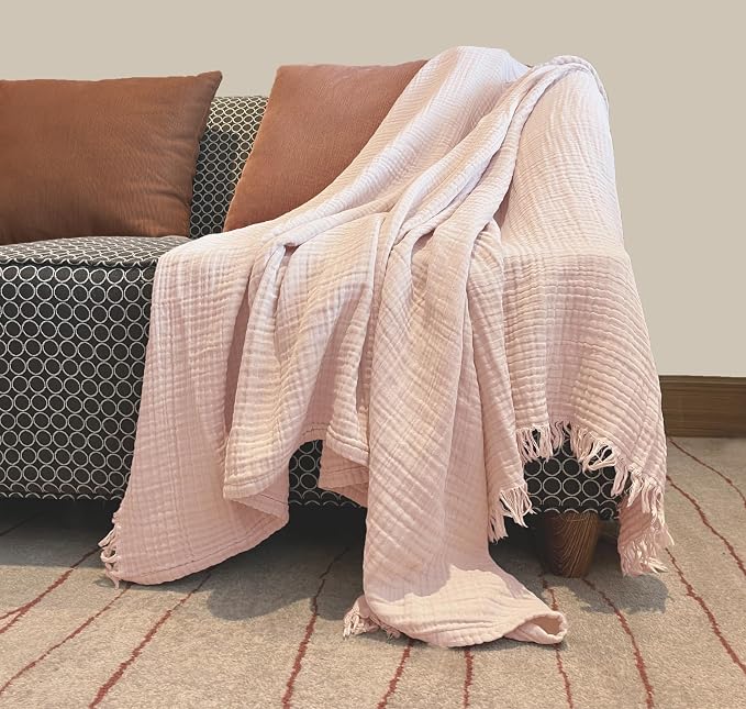 KyraHome 100% Organic Cotton Muslin Throw Blankets for Couch, Girls, Adults, 50"x60", Pre-Washed Plant Dyed, Breathable Lightweight Summer Throw Blanket, All Season (Soft Pink)