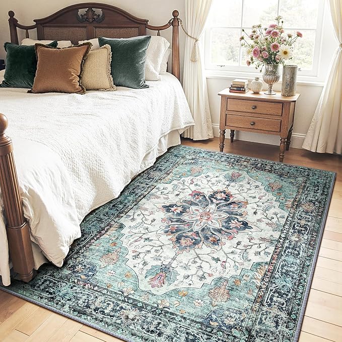 RELEANY Area Rugs 5'x7' Washable Non-Slip, Floral Vintage Distress Print Pattern Medallion Carpet for Living Room Bedroom Dining Room, Green Navy Blue White Red Teal Colorful