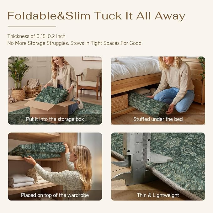 9x12 Washable Area Rug for Living Room Bedroom Vintage Green Non Slip Carpet Traditional Retro Soft Low Pile Large Throw Rug for Dining Room Kitchen Office Indoor