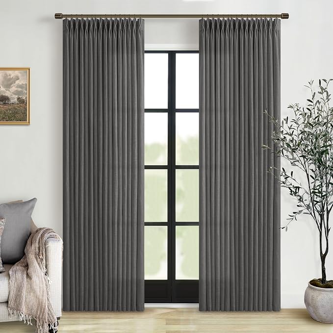 Grey 90 Inch Linen Curtains Pinch Pleated for Living Room Bedroom Dining Boho Charcoal Gray Light Filtering Pinch Pleat Drapes with Hooks Rings Back Tab Semi Sheer Window Curtains 2 Panels Set 50x90