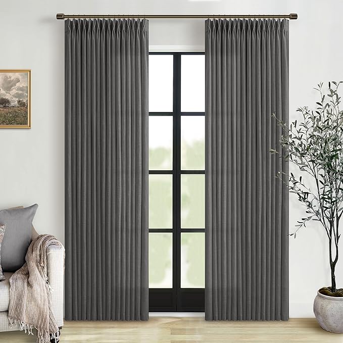 Extra Long Grey Linen Curtains 120 Inches Long Modern Neutral Charcoal Gray Curtain Light Filtering Semi Sheer Back Tab Pinch Pleat Curtain for Tall Ceiling Living Room 2 Panels 50 by 120 Inch Length