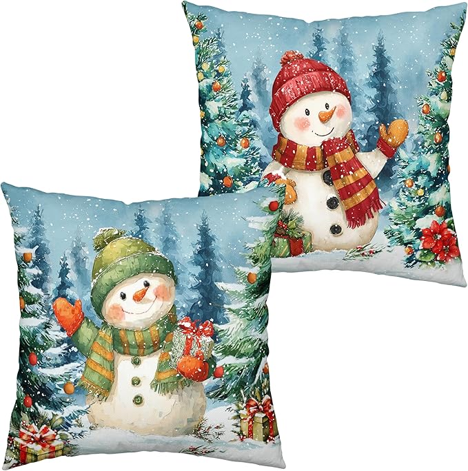 Lovely Green and Red Snowman Pillow Covers Christmas Throw Pillow Covers 16x16 Set of 2 Winter Xmas Tree Pine Forest Pillowcase Holiday Cushion Case for Couch Sofa