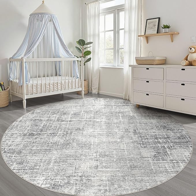 8ft Round Rug Living Room: 8x8 Washable Large Neutral Grey Circle Area Rug Abstract Soft Modern Stain Resistant Indoor Floor Non-Slip Carpet for Bedroom Nursery Kids Office Playroom Dining Room