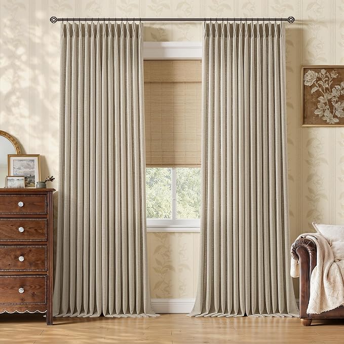 Burlywood Birch Pleated Linen Curtains 90 Inches for Living Room Taupe Brown Neutral Light Filtering Back Tab Pinch Curtains with Hooks Rings Semi Sheer Privacy Drapes for Bedroom Windows 2 Panels