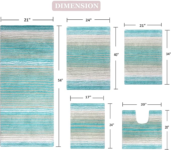 Home Weavers 100% Cotton Gradiation Collection Bathroom Décor, Washable Rug, Bathroom Mat, Kitchen Mat, Bathroom Rug Set, Bath Mat Set, Bath Floor Mat Non Slip, 5 Piece Set with Contour, Turquoise