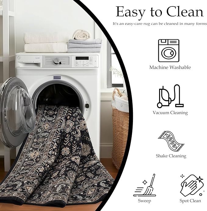 Ruaruarug Washable Area Rug 9x12 for Living Room, Bedroom, Ultra Soft Non Slip Stain & Fade Resistant, Pet & Kids Friendly, Suitable for High Traffic Areas Easy to Clean for Office Kitchen, Black Gold