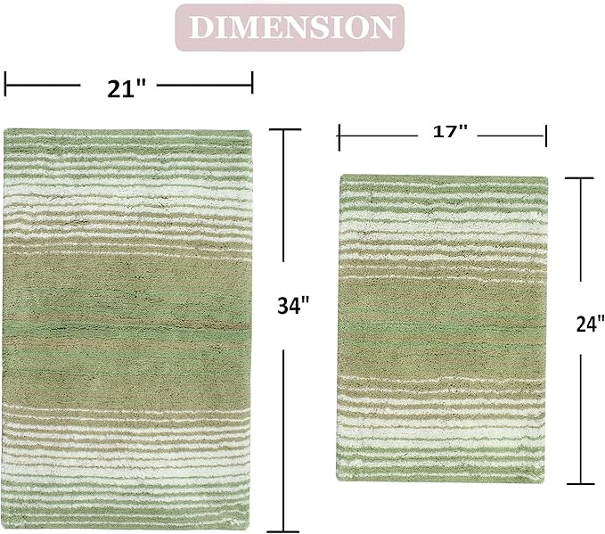 Home Weavers 100% Cotton Gradiation Collection Bathroom Décor | Washable Rug | Bathroom Mat | Kitchen Mat | Bathroom Rug Set | Bath Mat Set | Bath Floor Mat Non Slip, 2 Piece Set(S+M), Sage