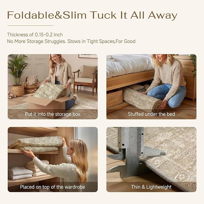 8x10 Washable Area Rug for Living Room Bedroom Vintage Beige Non Slip Carpet Traditional Retro Soft Low Pile Large Throw Rug for Dining Room Kitchen Office Indoor