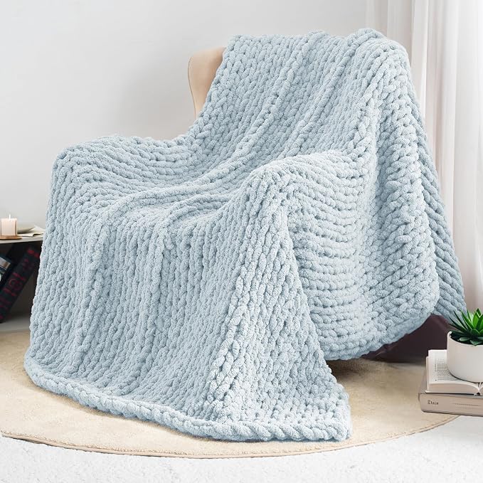 Chunky Knit Throw Blanket 60x80, 100% Handmade Chenille Yarn | 6.7lbs Soft Thick Cable Knitted Blankets, Large Rope Knot Crochet Throws for Couch Sofa Bed Machine Washable, Light Blue