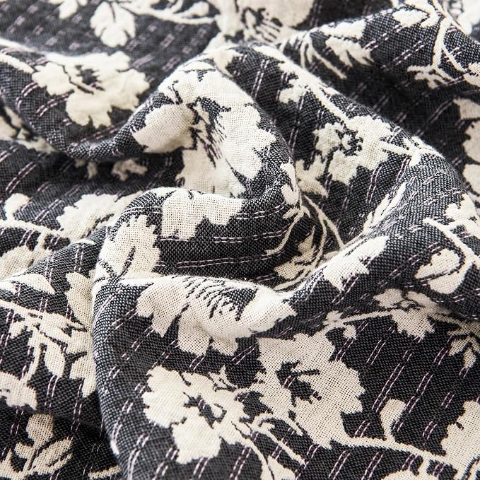 MEJU Vintage Black White Floral Modern Farmhouse Flower Muslin All Season Blanket for Bed Sofa Couch, 100% Combed Cotton 3 Layer Soft Warm Throw Blanket Bed Cover Sheet Twin 60 in x 80 in