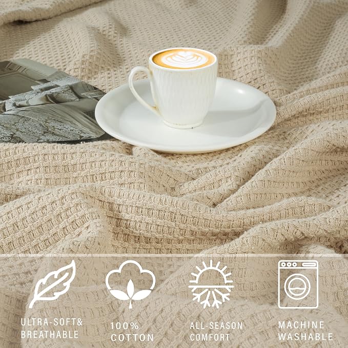 TreeWool Premium 100% Cotton Waffle Summer King Blanket (90"x108", Beige) | 420 GSM Breathable Lightweight Moisture Wicking Soft Knit Thermal Blanket for Bed or Sofa All-season Comfort Machine Washable