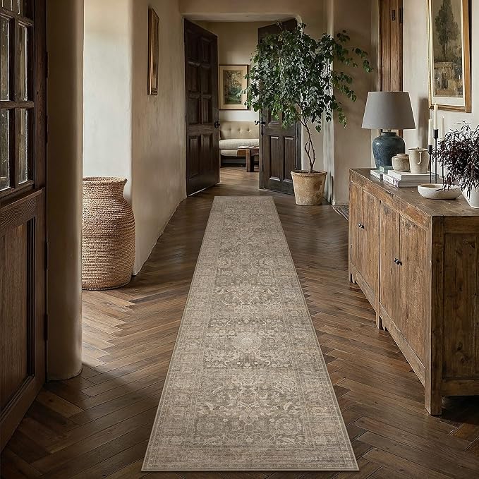 HUGEAR Hallway Runner Rugs 2x10 Light Brown Washable Rug Neutral Vintage Rug Carpet Distressed Soft Durable Non Slip No Shedding for Indoor Bedroom Kitchen Dining Nursery Laundry