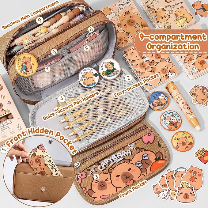 Fimibuke Capybara Backpack for School Girls, 28PCS Capybara Toddler School Supplies Stationery Set with Bookbag Pencil Case Pens Pencils Notebook Easter Gifts for Kindergarten Elementary Student