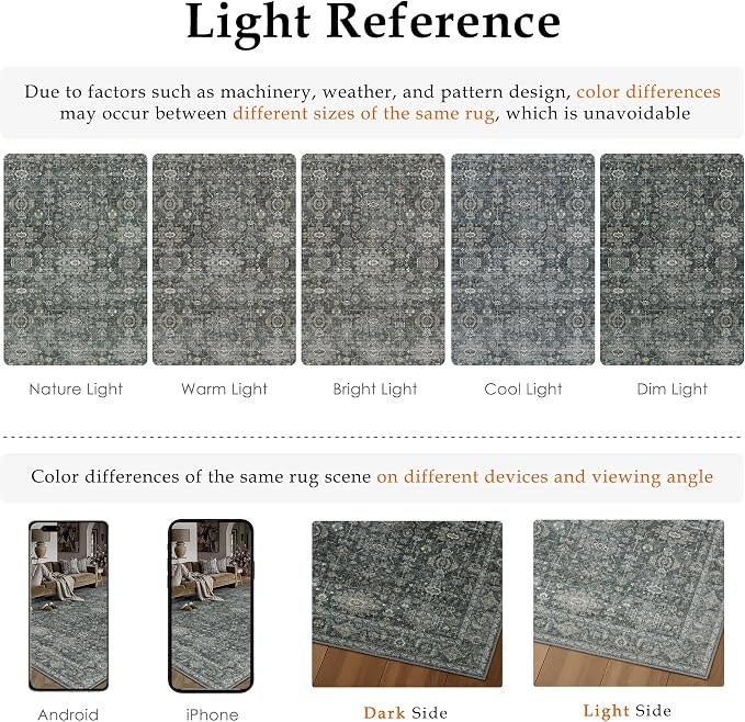 8x10 Washable Area Rug for Living Room Bedroom Vintage Black Grey Non Slip Carpet Traditional Retro Soft Low Pile Large Throw Rug for Dining Room Kitchen Office Indoor
