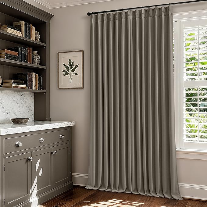 Taupe Grey 120 Inch Blackout Pinch Pleated Curtains 2 Panel Set for Living Room Darkening Thick Linen Textured 100% Black Out Drapes 120 Inches Long Pinch Pleat Light Blocking Bedroom Grayish Brown