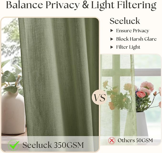 Olive Green Linen Semi Sheer Curtains 72 Inch Length 2 Panels Living Dining Room Pinch Pleated Light Filtering Boho Farmhouse Curtains for Bedroom Pinch Pleat Back Tab Moss Green Sunroom Cabin Closet