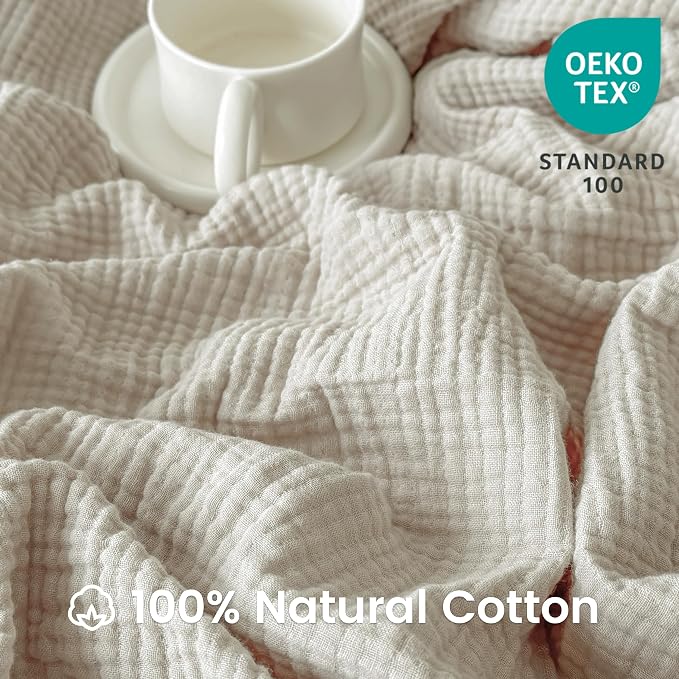 FALUCA Cotton Muslin Cooling Reversible Blanket King Size for Bed, Couch, Four Layers Blanket, Soft Lightweight Cozy Breathable Farmhouse Decoration for Summer, Khaki