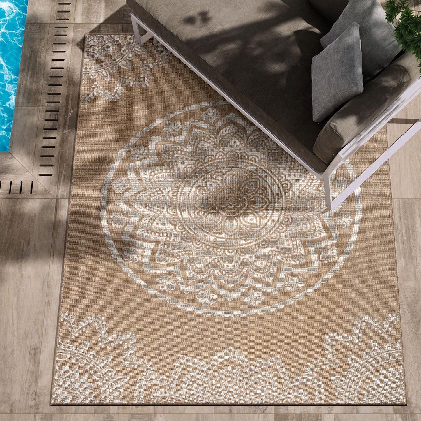 CAMILSON Outdoor Rug 8x10 Modern Area Rugs for Indoor and Outdoor Patios and Porches - Waterproof, Washable, Non-Shedding, Easy-to-Clean Outside Carpet (8 x 10, Medallion - Beige/White)