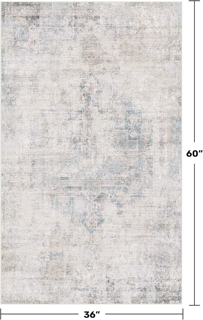 Washable Light Blue Rugs for Entryway Indoor - 3x5 Throw Rug for Large Kitchen, Bedroom Bedside, Bathroom, Mudroom, Mordern Abstract Medallion Aqua Décor, Non Slip Low Pile Fade Resistant