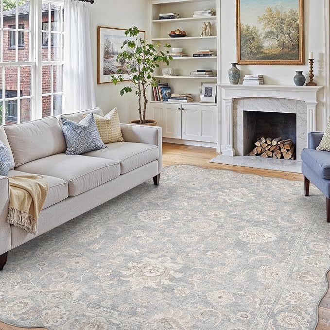 8x10 Blue Cream Washable Scalloped Area Rug for Living Room Bedroom Neutral Floral Soft Non Slip Rug Low Pile Distressed Carpet for Dining Room Nursery Office Indoor