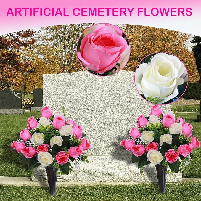 Lodou Set of 2 Artificial Cemetery Flowers, Memorial Flowers Bouquet,Grave Memorial Flowers with Vase for Cemetery Headstones Decoration (Pink White)