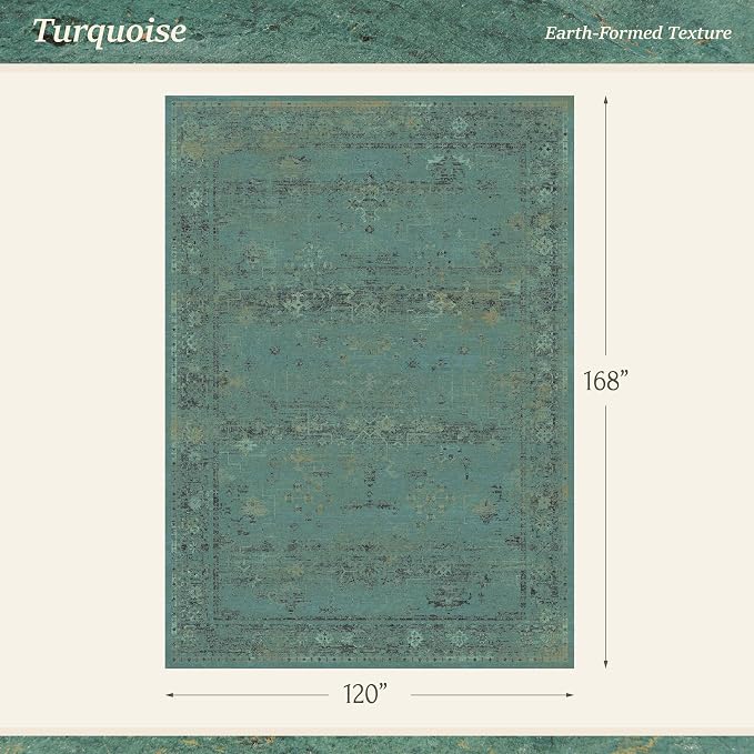 Turquoise Green 10x14 Washable Extra Large Area Rug for Living Room, Non Slip Low Pile Vintage Boho Carpet, Distressed Teal Geometric Rug for Dining Room, Bedroom, Farmhouse Home Décor