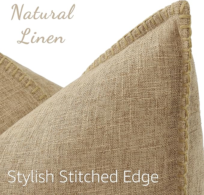decorUhome Summer Decorative Throw Pillow Covers 12x20 Set of 2 Lumbar Faux Linen Farmhouse Pillow Covers with Stitched Edge Outdoor Neutral Pillow Covers for Couch Sofa Living Room, Khaki