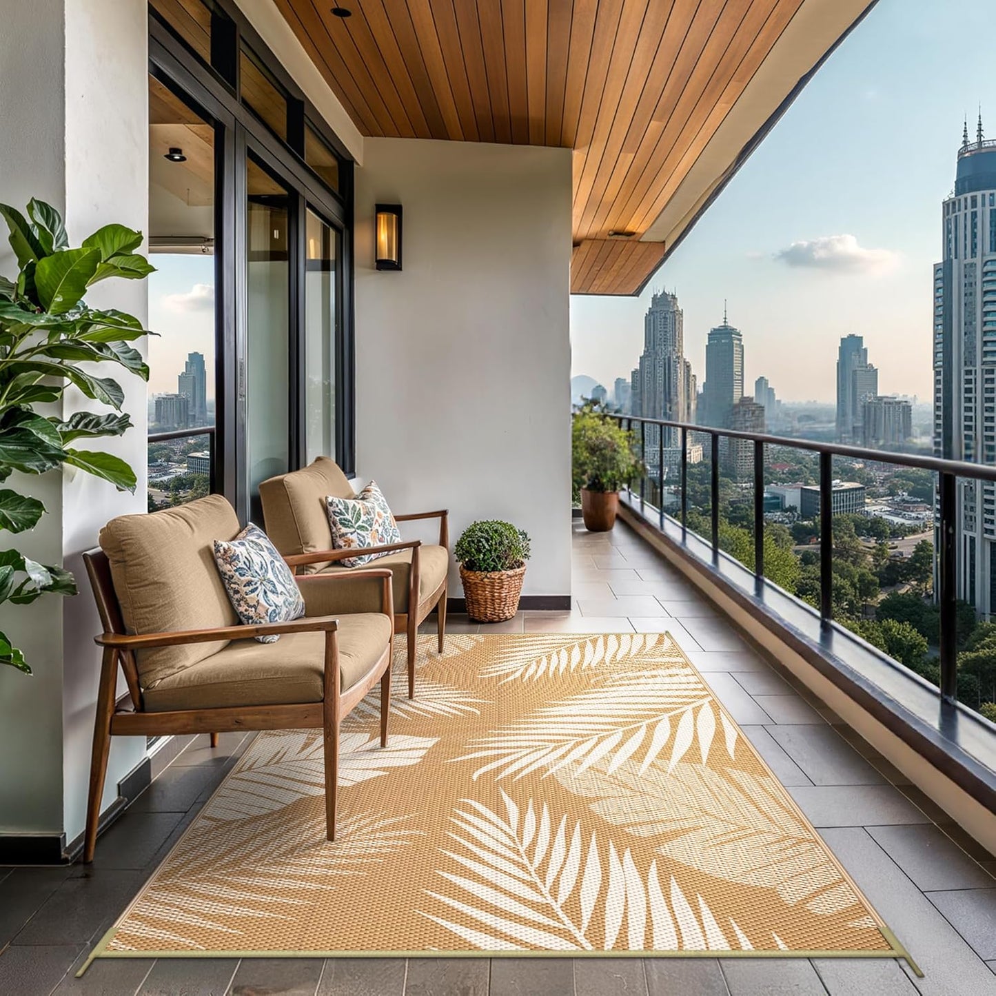 GENIMO Outdoor Rug 6' x 9' Waterproof for Patios Clearance, Reversible Outdoor Plastic Straw Camping Rug Carpet, Large Area Rugs Mats for RV, Camper, Deck, Balcony, Porch, Beach, Picnic, Brown&Beige