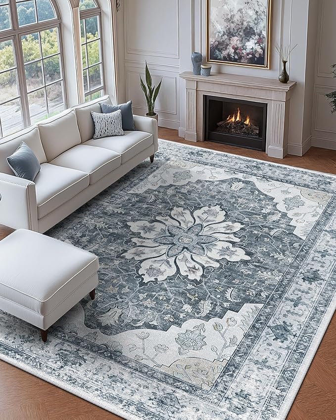 RELEANY Area Rugs 9'x12' Washable Non-Slip, Floral Vintage Distress Print Pattern Medallion Carpet for Living Room Bedroom Dining Room, Light Gray Grey White