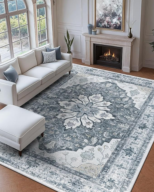 RELEANY Area Rugs 9'x12' Washable Non-Slip, Floral Vintage Distress Print Pattern Medallion Carpet for Living Room Bedroom Dining Room, Light Gray Grey White