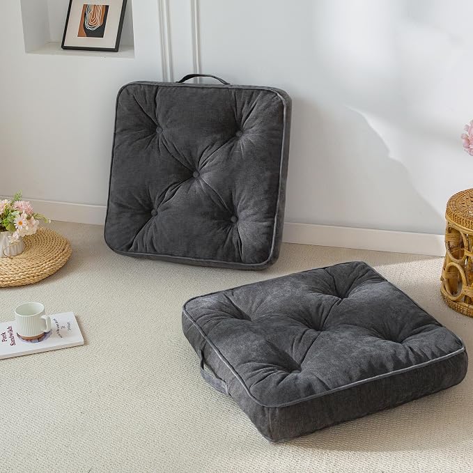 HIGOGOGO Large Floor Pillow Cushion for Adults, Meditation Cushion Pillow with Handle, Lustrous Chenille Tufted, Square Floor Sitting for Tatami Living Room or Yoga, 22x22 Inch, 2Pack, Dark Grey