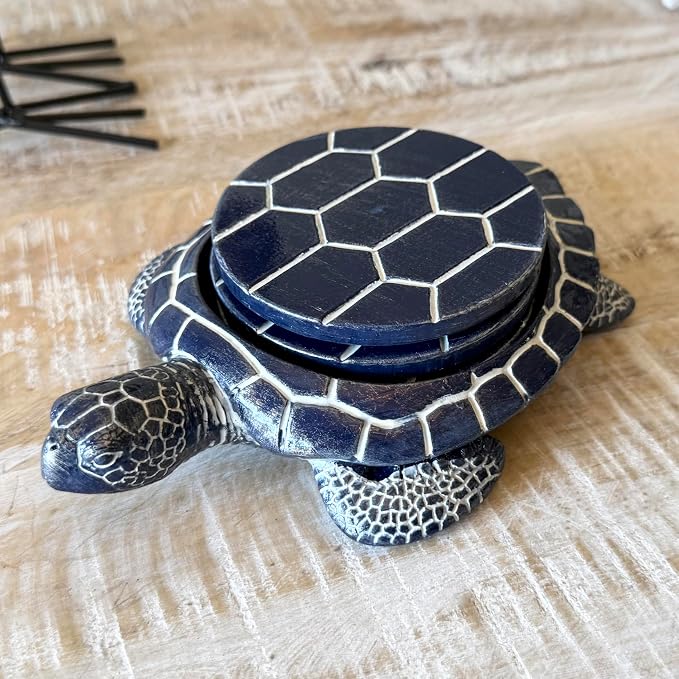 Sea Turtle Coaster Set - Coastal Ocean Beach Decor - Rustic Nautical Navy Blue and White Finish