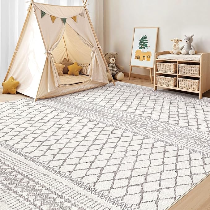 cotiled 10x14 Area Rug Living Room: Washable Boho Rugs with Non Slip Backing Large Soft Indoor Stain Resistant Carpet for Bedroom Farmhouse Dining Room Lightweight Home Decor Beige/Gray