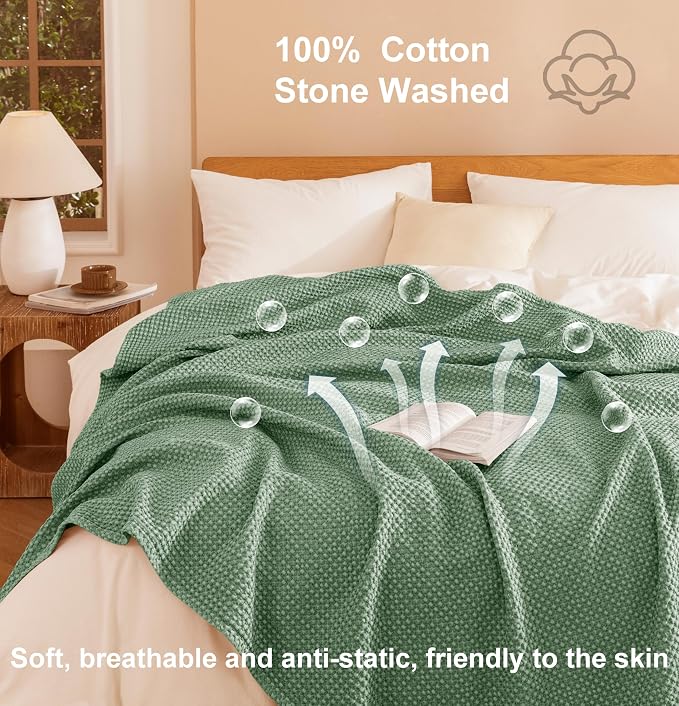 Talasily 100% Cotton Blanket King Size for Bed - Spring and Summer Cooling Lightweight & Breathable Bedding -Soft Waffle Weave Christmas Blanket, Machine Washable,Green,108x90 Inches