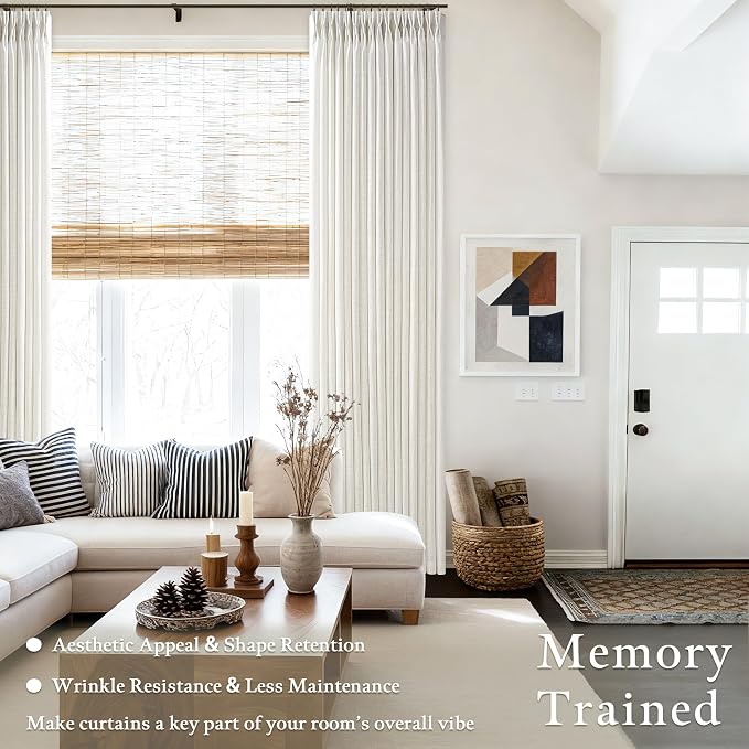 126 Inch Long Pinch Pleat Linen Curtains for Living Room 2 Panels Set Natural Cream Boho Semi Sheer Light Filtering Neutral 126 Inch Pleated Curtain with Rings Hooks Floor Ceiling Bedroom Window