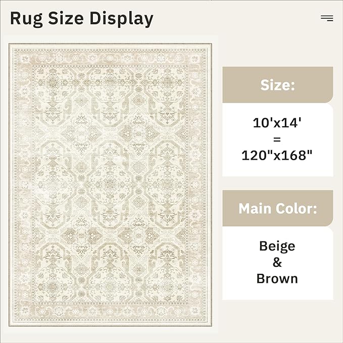 Soalmost 10x14 Area Rugs for Living Room, Non Slip Machine Washable Vintage Rugs, Low Pile Lightweight Large Rug for Bedroom, Dining Room, Home Office Beige/Brown