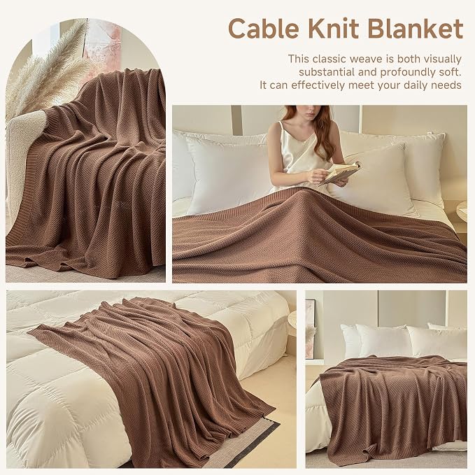 Simple&Opulence 100% Cotton Blanket King Size, Solid Color Cable Knitted Blanket Super Soft Comfortable Breathable Decorative Farmhouse for Couch Sofa Bed, All Season Use(Coffee,104x90)