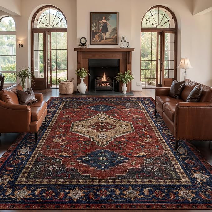 Tangsoo Red Oriental 6x9 Area Rug Washable Rug for Living Room, Vintage Indoor Non Slip Large Area Rugs, Print Distressed Carpet, Soft Low Pile Foldable Floor Rug for Bedroom Dining Room Red Beige