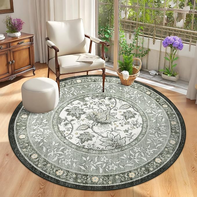 GarveeHome Provence Fog Gray Botanical Grove 6ft Round Rug, Small Circle Vintage Cottagecore Soft Low-Pile Non-Slip Washable Rugs for Living Room Bedroom Nursery Kitchen Retro Carpet