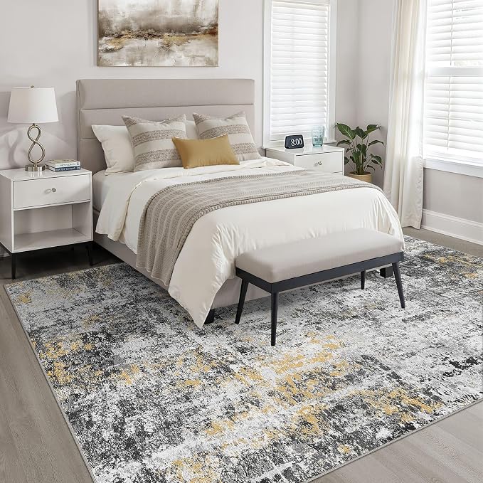 8x10 Area Rugs Living Room: Washable Large Neutral Rug Abstract Soft Modern Stain Resistant Indoor Floor Non-Slip Carpet for Bedroom Nursery Kids Office Playroom Dining Room Under Table- Black Gold