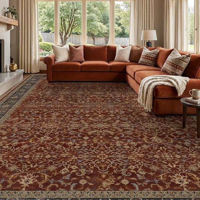 Large Area Rugs 9x12 Living Room, Washable Non Slip Low Pile Big Carpet for Bedroom Dining Room, Vintage Old Money Aesthetic Print Decorative Rug for Family Room, Deep Burnt Orange