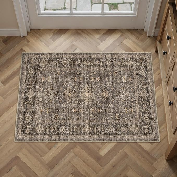 2x3 Washable Area Rug for Entryway Kitchen Vintage Brown Non Slip Low Pile Door Mat Traditional Retro Soft Small Carpet for Bathroom Bedroom Indoor Entrance Dorm