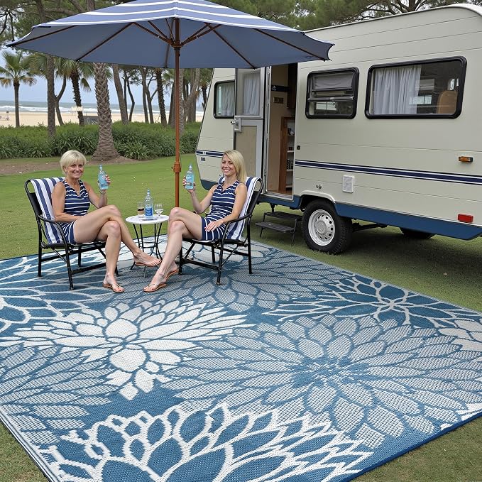 HUGEAR 8'x10' Outdoor Rug Waterproof Plastic Straw Rugs Large Blue Reversible Floral Mat Floor Carpet for Camping RV Deck Entryance Porch Picnic Balcony Beach Backyard