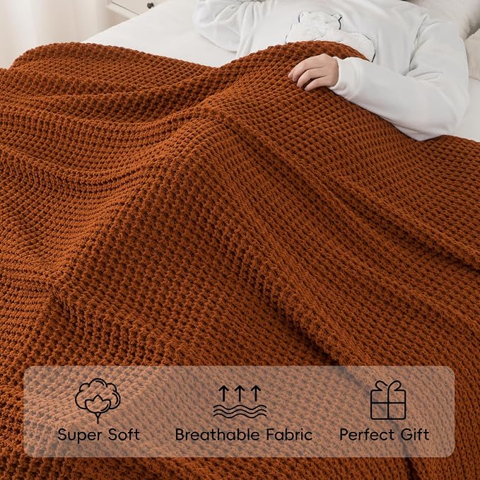 Bunnikins & Clover Knitted Waffle Blanket Throw, Fall Throw Blanket for Home Decoration, Caramel Throw Blanket for Couch, 50"x60"