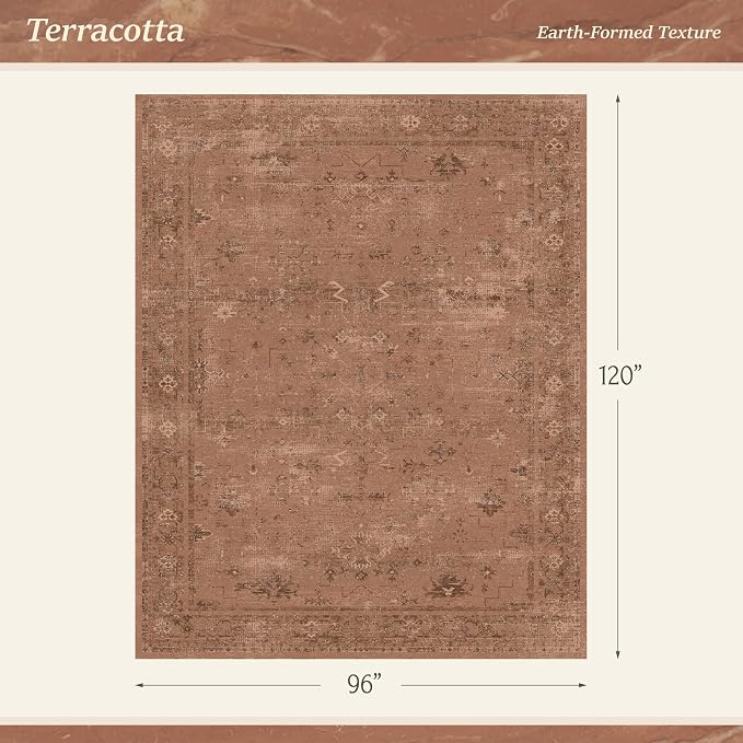 TALANOVA Terracotta 8x10 Washable Area Rugs for Living Room, Non-Slip Low Pile Rust Vintage Distressed Geometric Rug, Southwestern Boho Decor for Bedroom & Dining Room