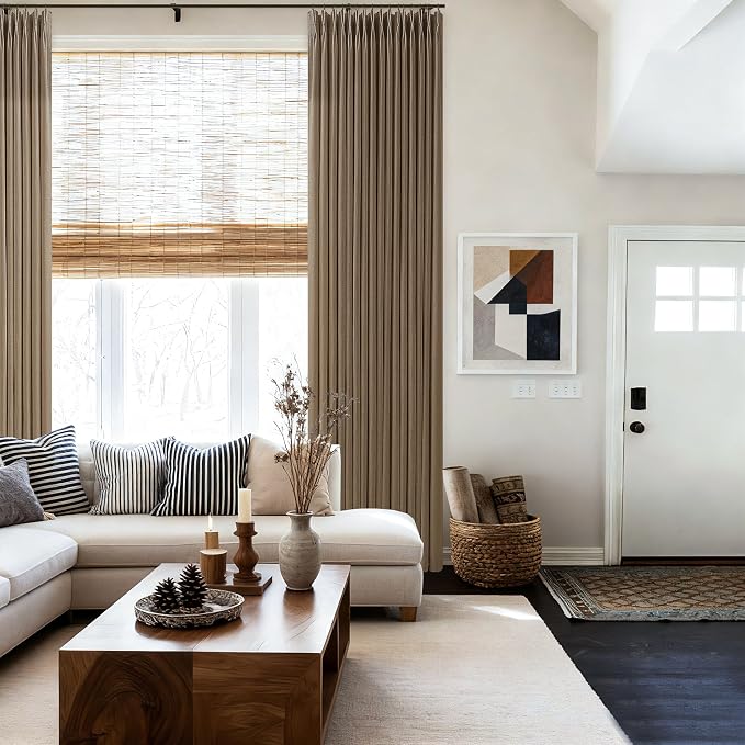 Brown Linen Pinch Pleat Curtains 96 Inches Long 2 Panels for Living Room Bedroom 8 ft Farmhouse Boho Light Filtering Back Tab Pleated Curtain Memory Trained 50 Inch Wide Semi Sheer Curtain 96 Inch
