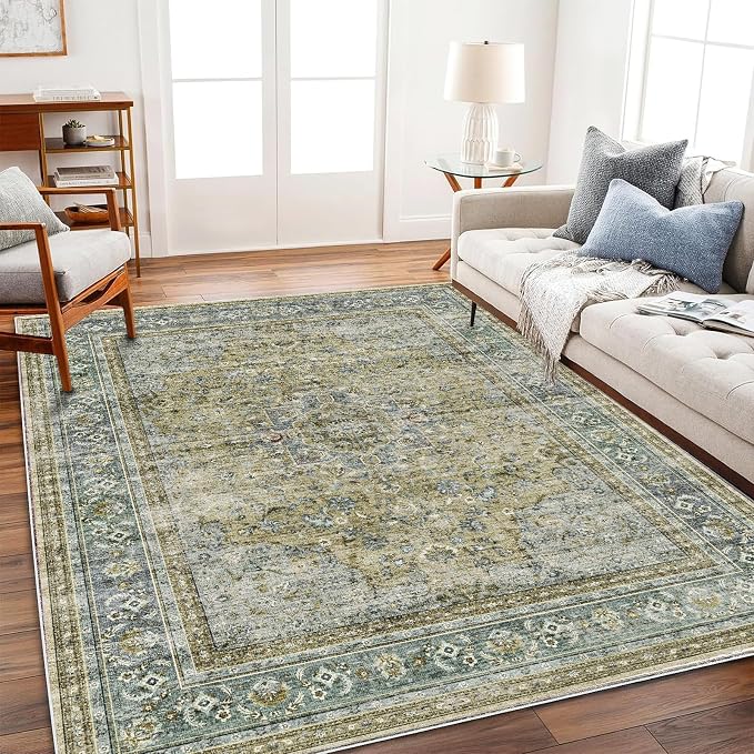 CHAMPLANT Washable Area Rug 4'x6' Traditional Floor Cover Foldable Thin Rugs Retro Kitchen Indoor Distressed Non Slip Carpet Floral Print Mat Bedroom Living Room